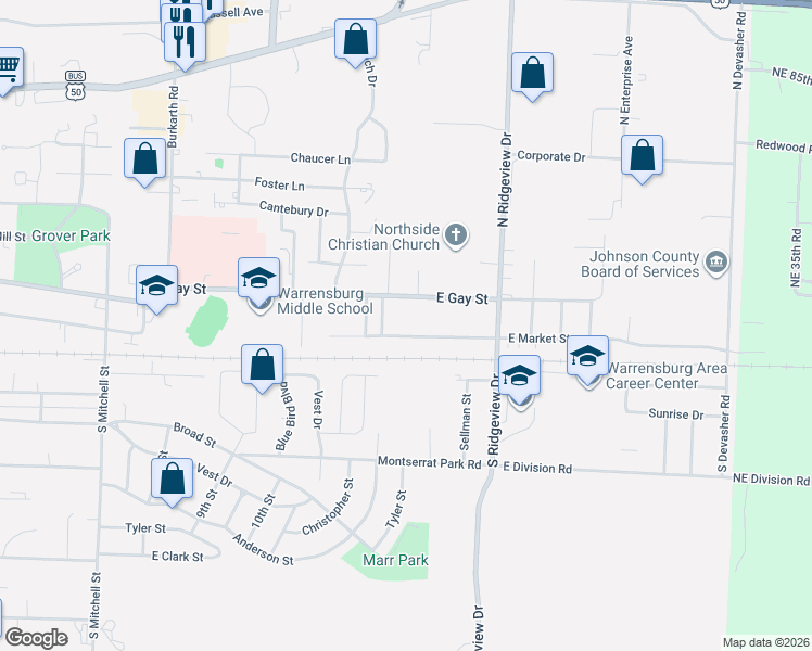map of restaurants, bars, coffee shops, grocery stores, and more near 806 East Market Street in Warrensburg