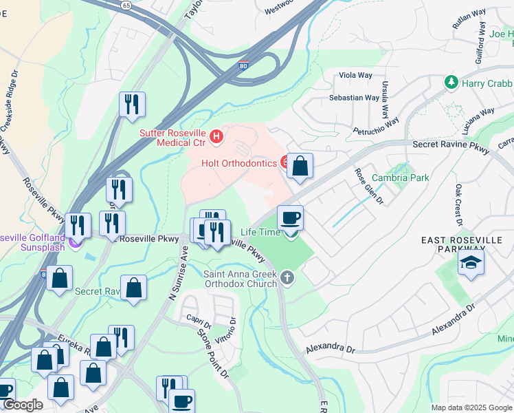 map of restaurants, bars, coffee shops, grocery stores, and more near 1301 Secret Ravine Parkway in Roseville