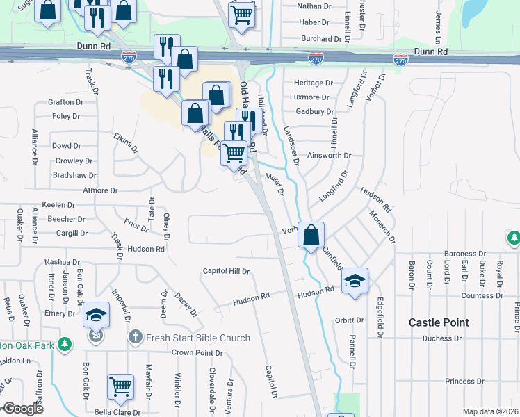 map of restaurants, bars, coffee shops, grocery stores, and more near 2180 Old Manor Road in St. Louis