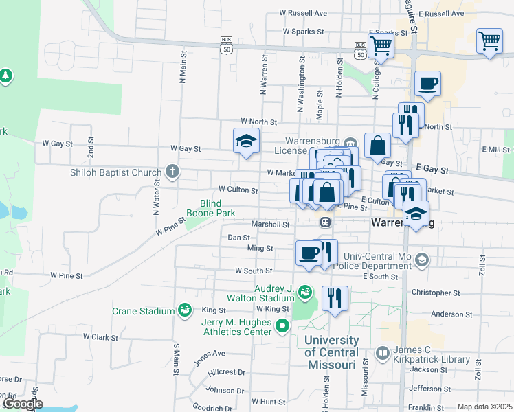 map of restaurants, bars, coffee shops, grocery stores, and more near 306 Marshall Street in Warrensburg