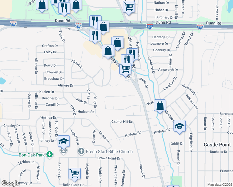 map of restaurants, bars, coffee shops, grocery stores, and more near 2112 Old Manor Road in St. Louis