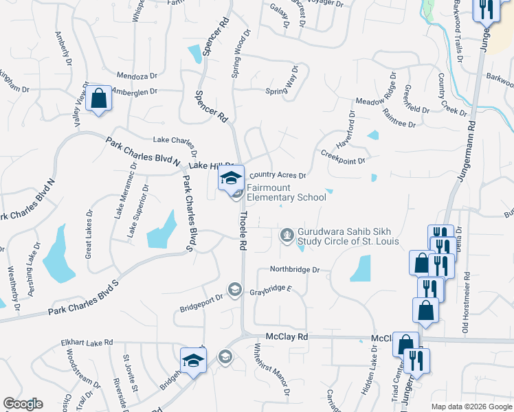 map of restaurants, bars, coffee shops, grocery stores, and more near 109 Willis Road in St. Peters
