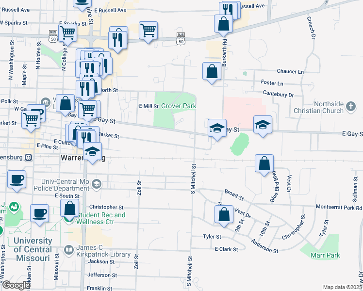 map of restaurants, bars, coffee shops, grocery stores, and more near 446 East Market Street in Warrensburg