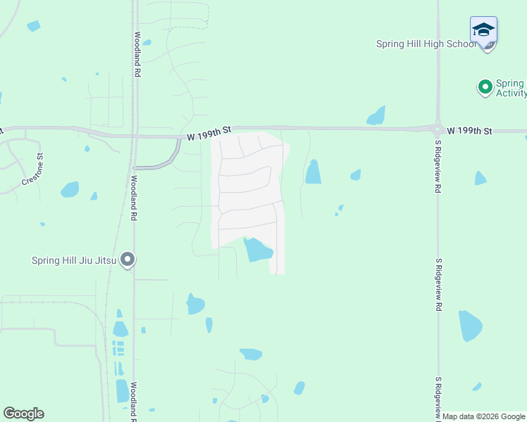 map of restaurants, bars, coffee shops, grocery stores, and more near 19307 West 201st Street in Spring Hill