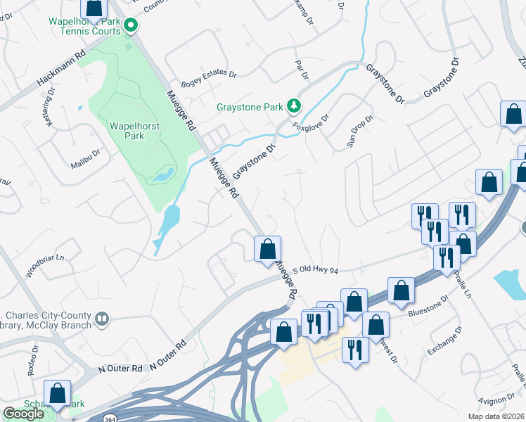 map of restaurants, bars, coffee shops, grocery stores, and more near 56 Hampton Place Court in Saint Charles