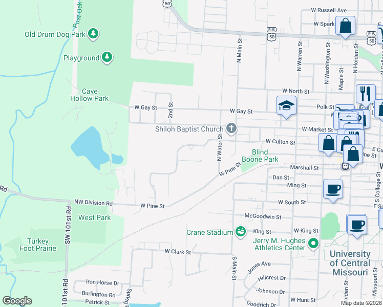 map of restaurants, bars, coffee shops, grocery stores, and more near 516 Wildwood Court in Warrensburg