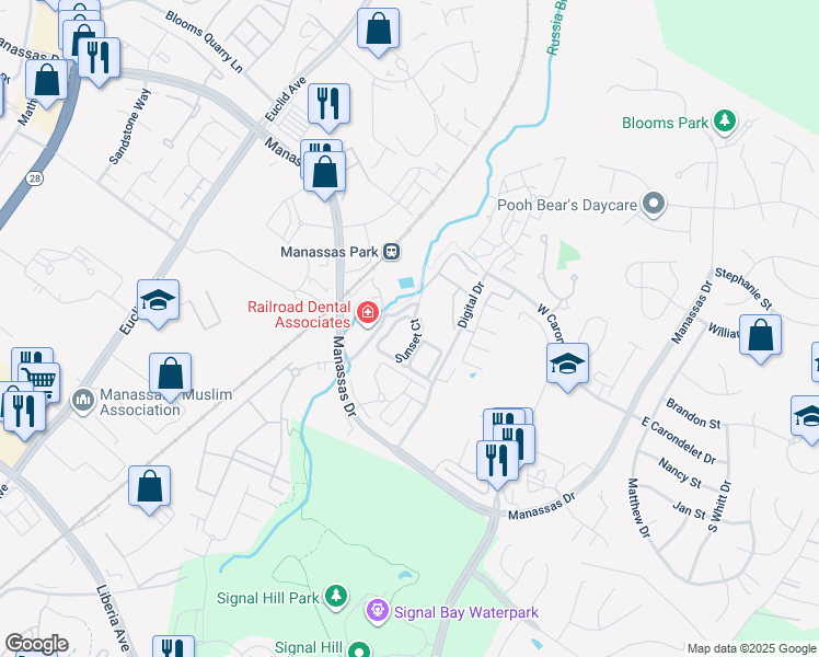 map of restaurants, bars, coffee shops, grocery stores, and more near 9401 Sunset Court in Manassas Park