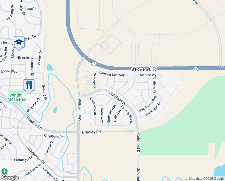 map of restaurants, bars, coffee shops, grocery stores, and more near 6628 Passing Sky Drive in Colorado Springs