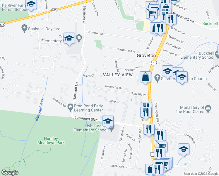 map of restaurants, bars, coffee shops, grocery stores, and more near 3357 Beechcliff Drive in Alexandria