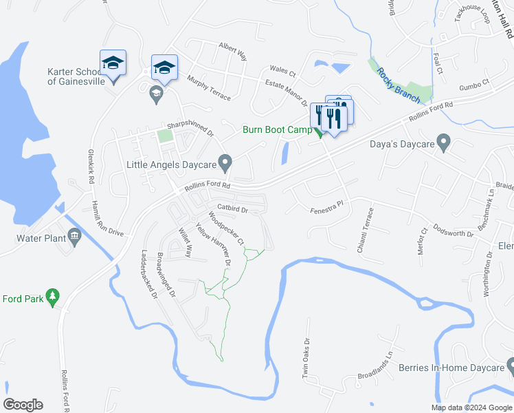 map of restaurants, bars, coffee shops, grocery stores, and more near 14188 Catbird Drive in Gainesville