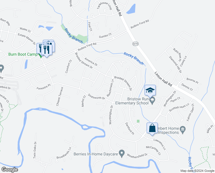 map of restaurants, bars, coffee shops, grocery stores, and more near 13731 Denham Way in Bristow