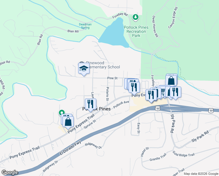 map of restaurants, bars, coffee shops, grocery stores, and more near 2910 Polaris Street in Pollock Pines
