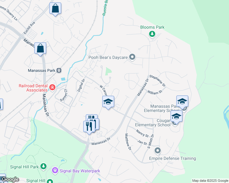 map of restaurants, bars, coffee shops, grocery stores, and more near 9419 Black Hawk Court in Manassas Park