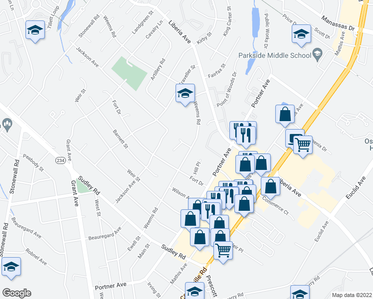 map of restaurants, bars, coffee shops, grocery stores, and more near 8814 Weems Road in Manassas