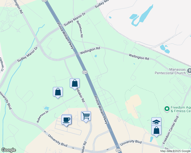 map of restaurants, bars, coffee shops, grocery stores, and more near 8651 Lovelace Street in Manassas