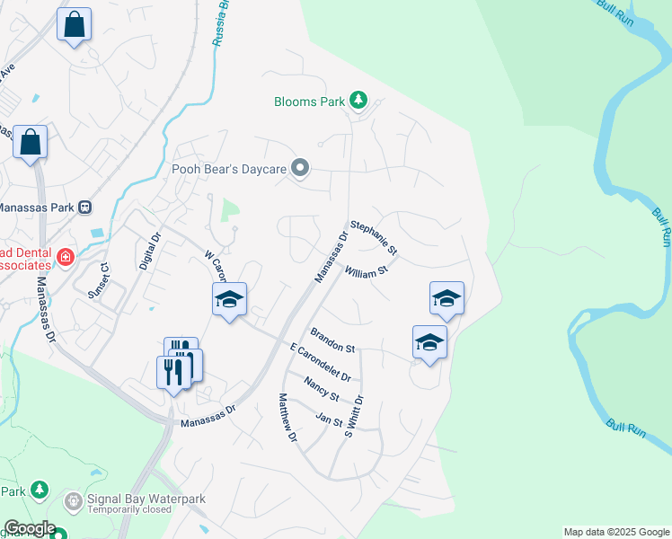 map of restaurants, bars, coffee shops, grocery stores, and more near 9172 Matthew Drive in Manassas Park