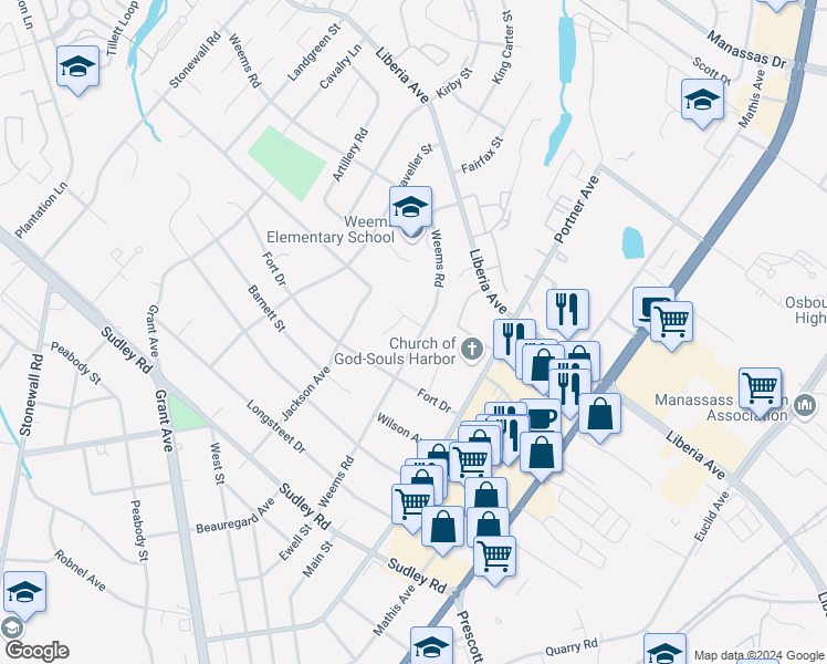 map of restaurants, bars, coffee shops, grocery stores, and more near 8814 Weems Road in Manassas