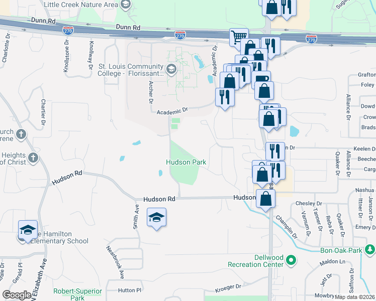 map of restaurants, bars, coffee shops, grocery stores, and more near 1271 Hudson Road in Ferguson