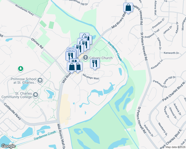 map of restaurants, bars, coffee shops, grocery stores, and more near Barlow Street in Cottleville