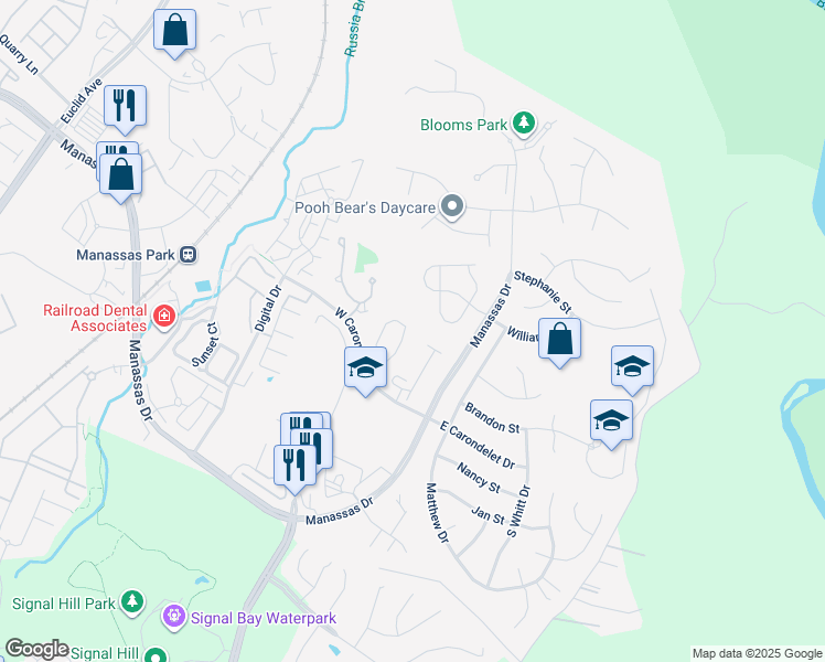map of restaurants, bars, coffee shops, grocery stores, and more near 9464 Black Hawk Court in Manassas Park