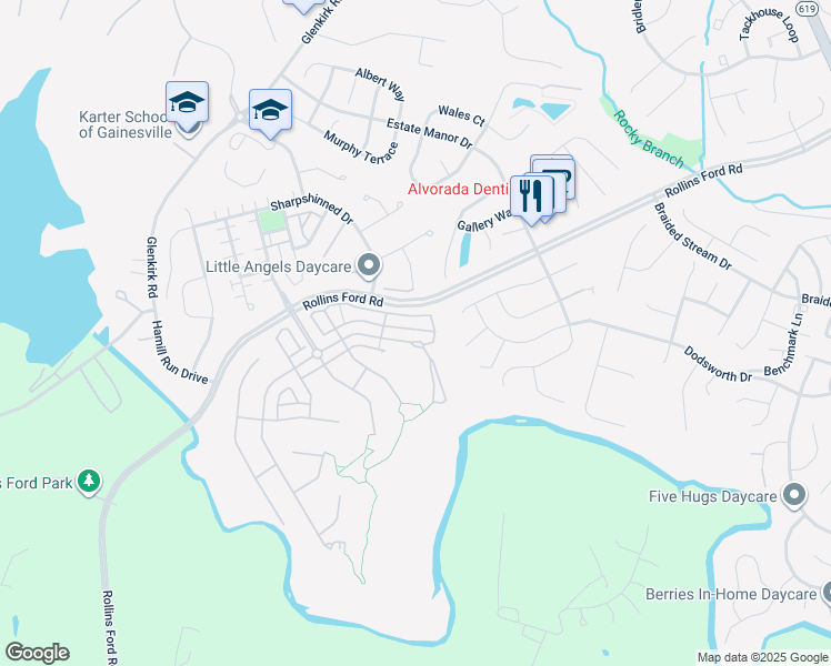 map of restaurants, bars, coffee shops, grocery stores, and more near 14192 Catbird Drive in Gainesville