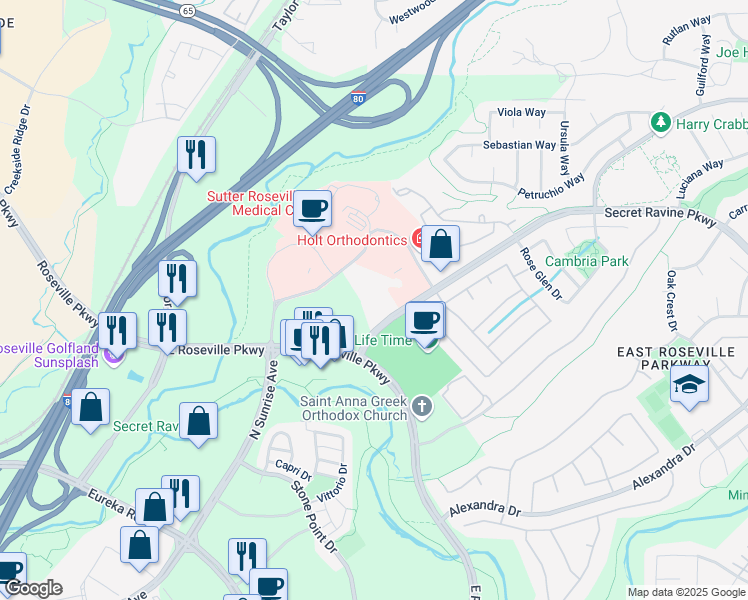 map of restaurants, bars, coffee shops, grocery stores, and more near 1101 Secret Ravine Parkway in Roseville