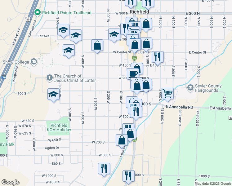 map of restaurants, bars, coffee shops, grocery stores, and more near 144 West 400 South in Richfield
