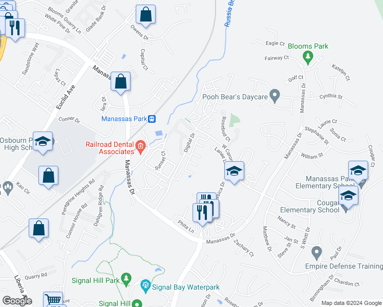 map of restaurants, bars, coffee shops, grocery stores, and more near Belo Gate Drive in Manassas Park