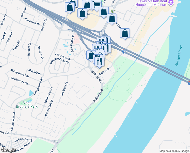 map of restaurants, bars, coffee shops, grocery stores, and more near 295 San Juan Drive in Saint Charles