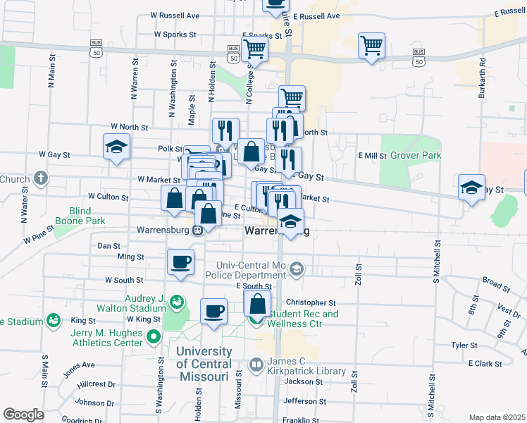 map of restaurants, bars, coffee shops, grocery stores, and more near in Warrensburg