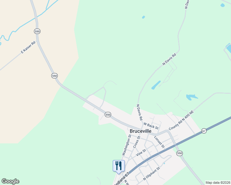 map of restaurants, bars, coffee shops, grocery stores, and more near 5916 Indiana 550 in Bruceville