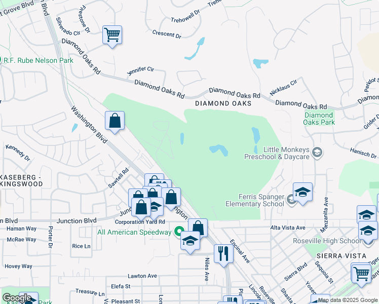 map of restaurants, bars, coffee shops, grocery stores, and more near in Roseville