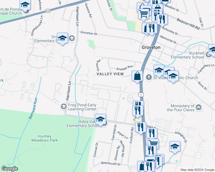 map of restaurants, bars, coffee shops, grocery stores, and more near Beechcliff Drive in Alexandria