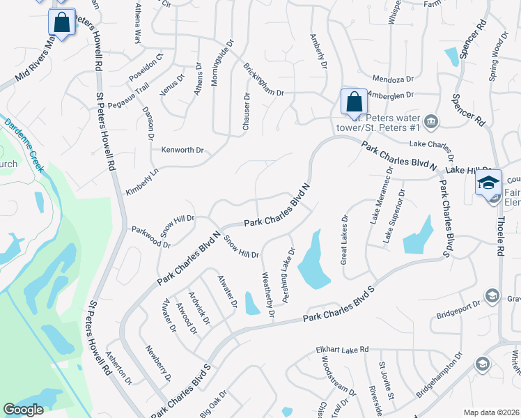 map of restaurants, bars, coffee shops, grocery stores, and more near 116 Park Charles Boulevard North in St. Peters