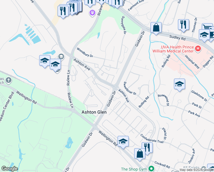 map of restaurants, bars, coffee shops, grocery stores, and more near 10680 Meadow Grove Court in Manassas