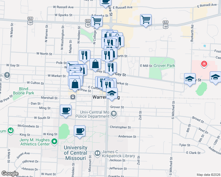 map of restaurants, bars, coffee shops, grocery stores, and more near 305 East Market Street in Warrensburg