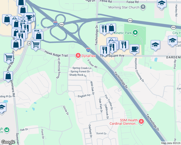 map of restaurants, bars, coffee shops, grocery stores, and more near 12101 Spring Creek Lane in O'Fallon