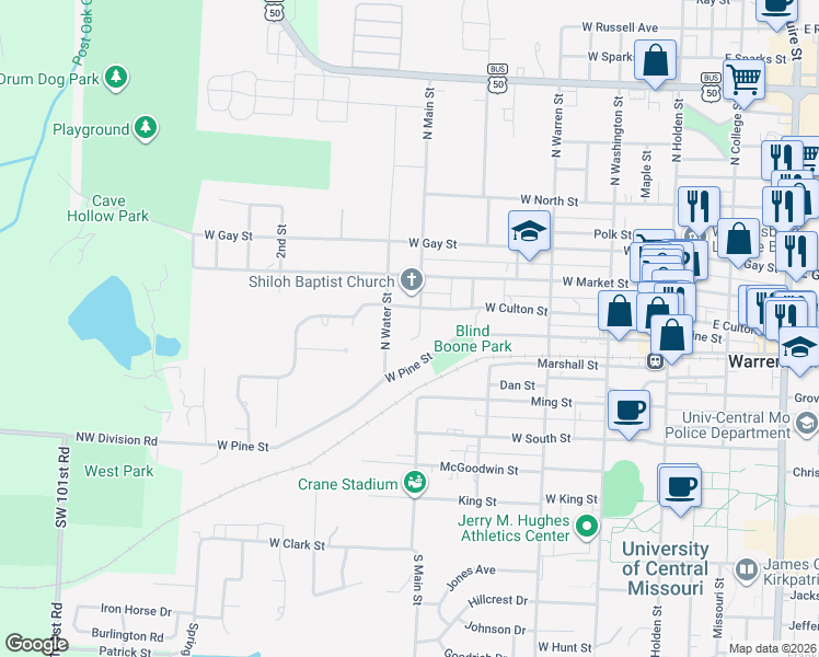 map of restaurants, bars, coffee shops, grocery stores, and more near 201 North Main Street in Warrensburg