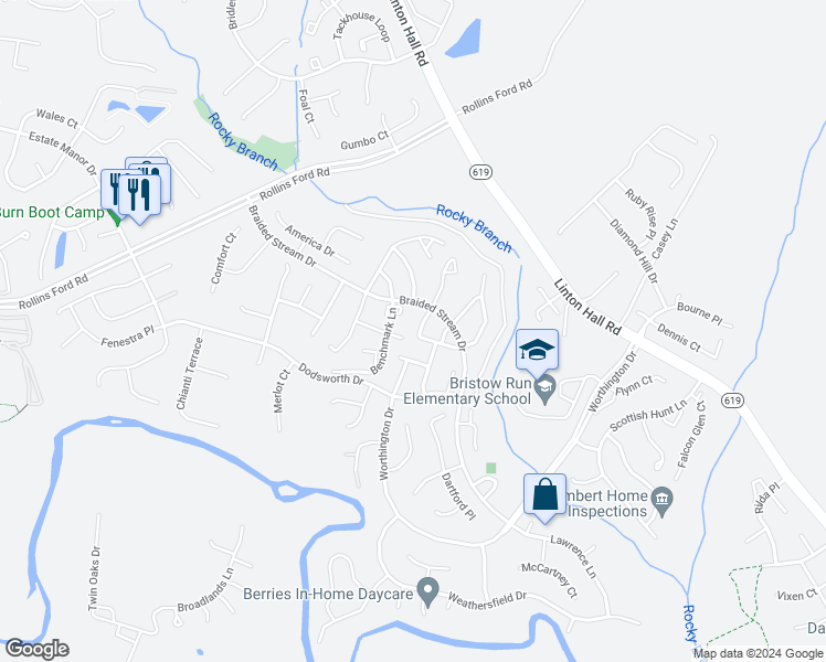 map of restaurants, bars, coffee shops, grocery stores, and more near 13515 Colesmire Gate Way in Bristow
