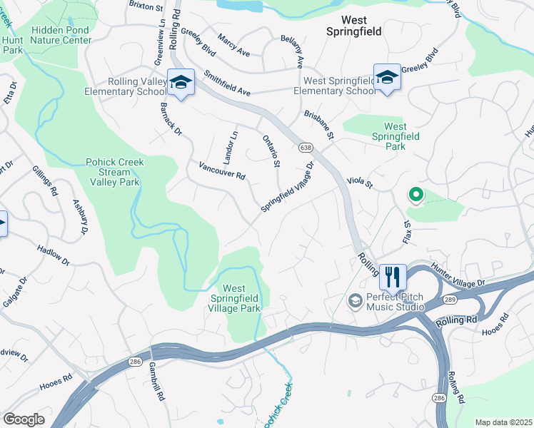 map of restaurants, bars, coffee shops, grocery stores, and more near 8129 Springfield Village Drive in West Springfield