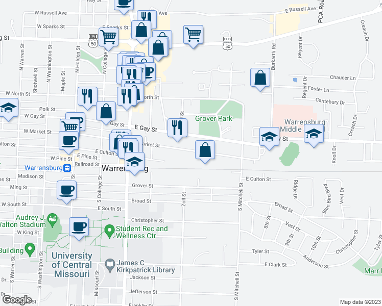 map of restaurants, bars, coffee shops, grocery stores, and more near 408 East Market Street in Warrensburg
