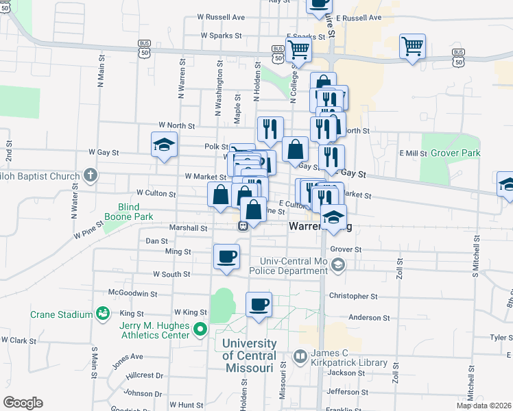 map of restaurants, bars, coffee shops, grocery stores, and more near 101 East Pine Street in Warrensburg