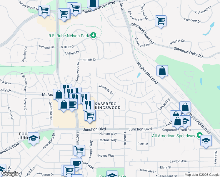 map of restaurants, bars, coffee shops, grocery stores, and more near 236 Lafayette Drive in Roseville