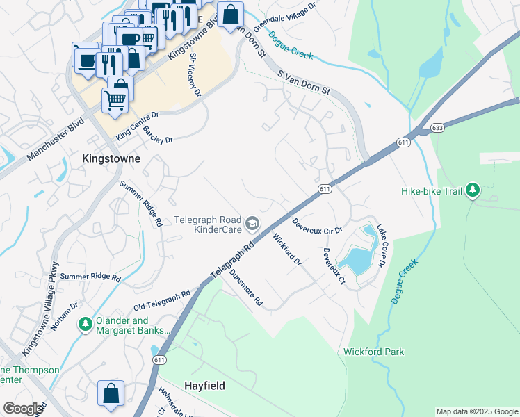 map of restaurants, bars, coffee shops, grocery stores, and more near 7024 Highland Meadows Court in Alexandria