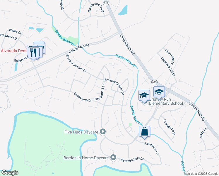 map of restaurants, bars, coffee shops, grocery stores, and more near 13515 Colesmire Gate Way in Bristow
