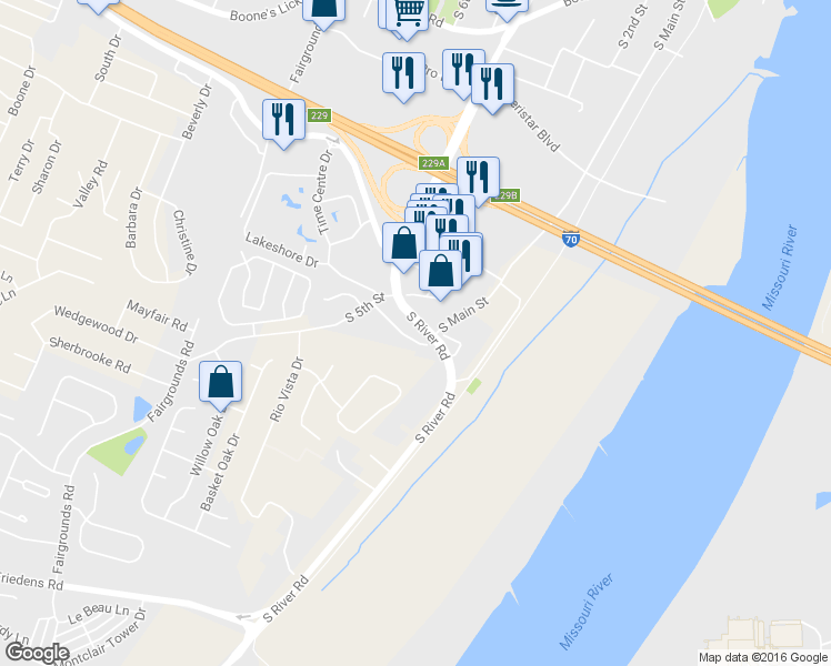 map of restaurants, bars, coffee shops, grocery stores, and more near 333 Camelback Road in Saint Charles