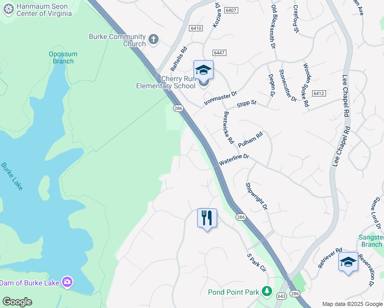 map of restaurants, bars, coffee shops, grocery stores, and more near 9806 Portside Drive in Burke