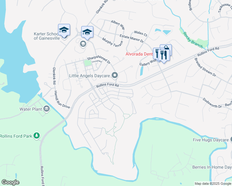 map of restaurants, bars, coffee shops, grocery stores, and more near 14232 Catbird Drive in Gainesville