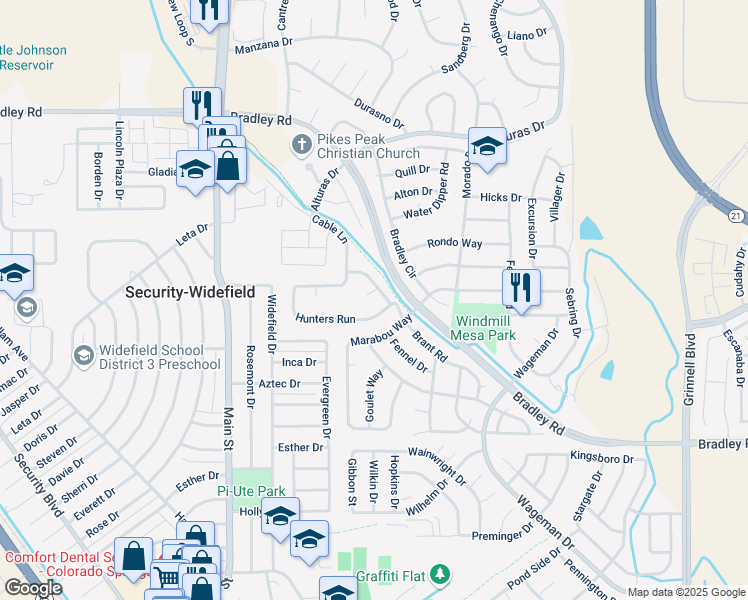 map of restaurants, bars, coffee shops, grocery stores, and more near 4630 Brant Road in Colorado Springs