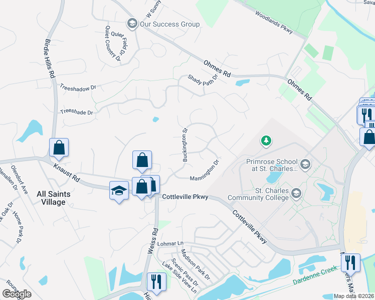 map of restaurants, bars, coffee shops, grocery stores, and more near 77 Scotsdale Court in St. Peters